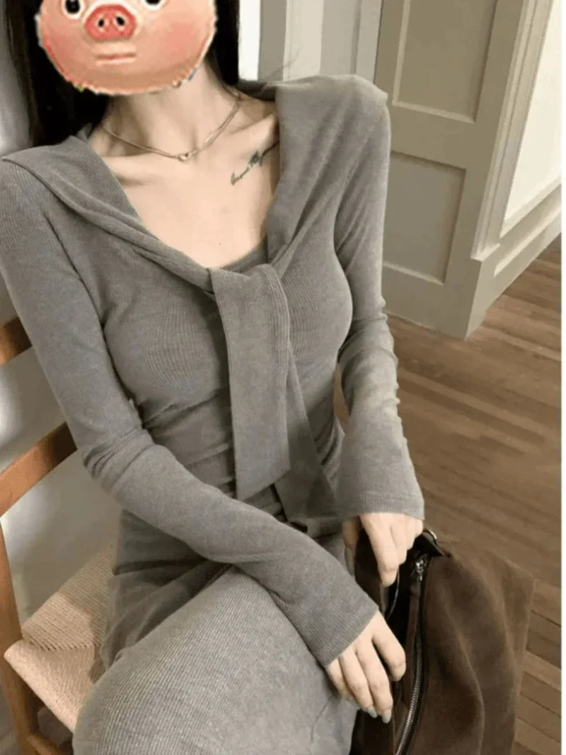 Knit Fake-Two-Piece Shawl Sweater Dress - Image 4