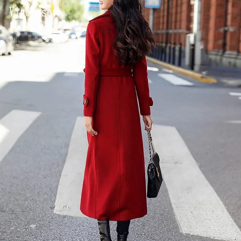 Elegant Red Wool Blend Long Blazer Coat for Women - Image 4