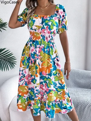 Summer Square Neck Print Dress
