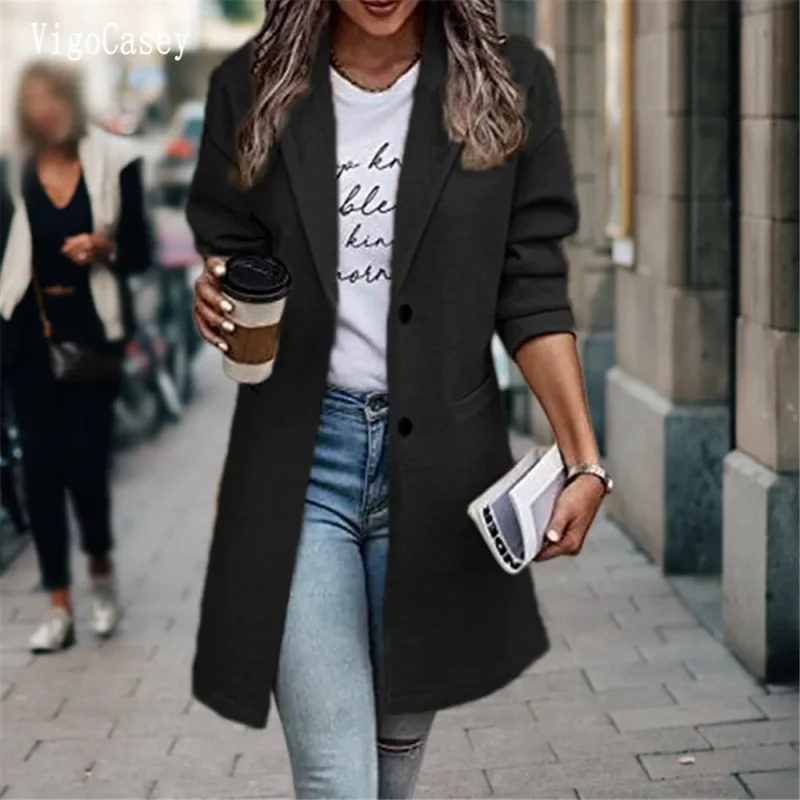 Elegant Khaki Wool Blend Long Blazer Coat for Women - Image 2