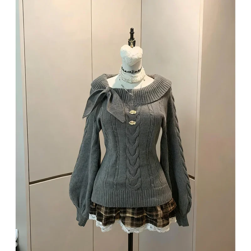 2025 French Cable Knit Sweater with Bow Tie Women - Image 3