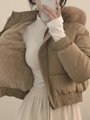 Korean Wool Collar Hooded Short Puffer