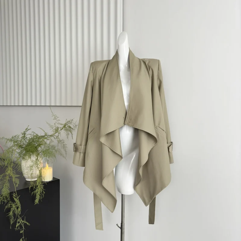 Women's Khaki Trench Coat Vintage Hepburn Style Belted Fall Jacket