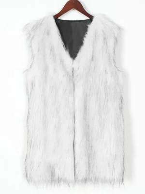 White V Neck Faux Fur Vest Women