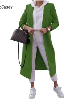Autumn Winter Green Wool Long Blazer Coat