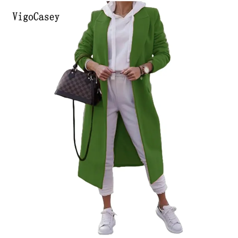 Autumn Winter Green Wool Long Blazer Coat