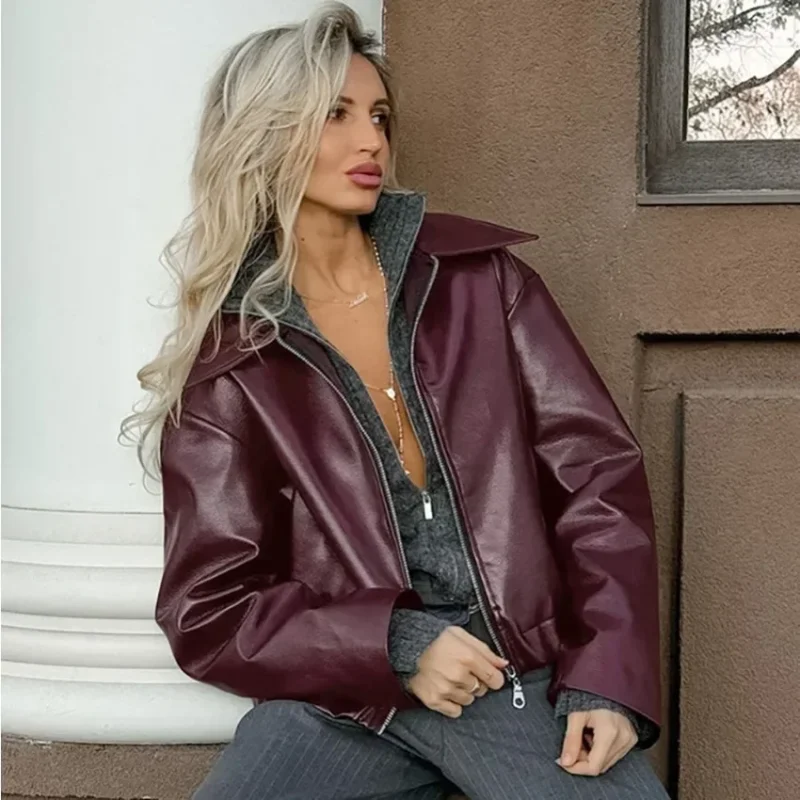Women’s Red Leather Biker Jacket - Image 5