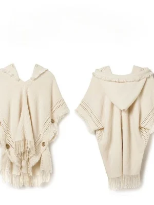 Cream Crochet Hooded Cape Shawl