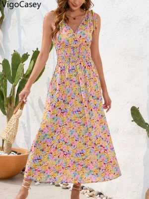 Summer Floral Print V-Neck Long Dress with Tie Straps