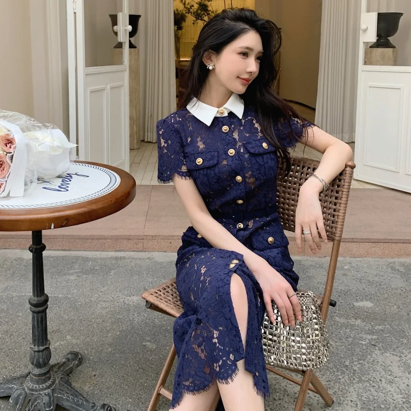 2025 Women’s Navy Lace Trim Midi Dress with Contrast Collar - Image 2