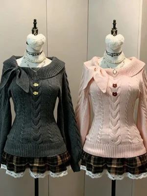 2025 French Cable Knit Sweater with Bow Tie Women