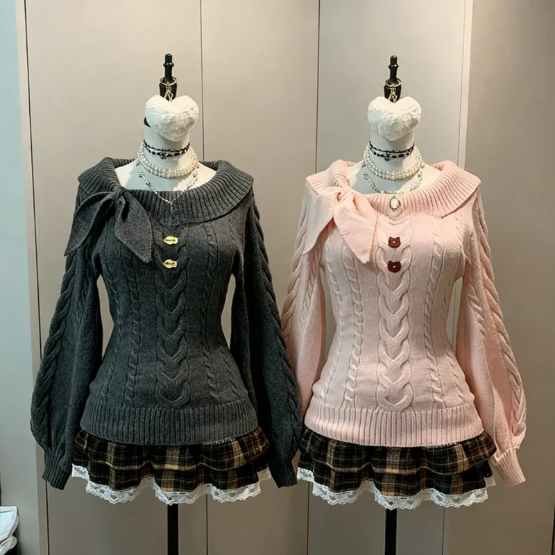 2025 French Cable Knit Sweater with Bow Tie Women