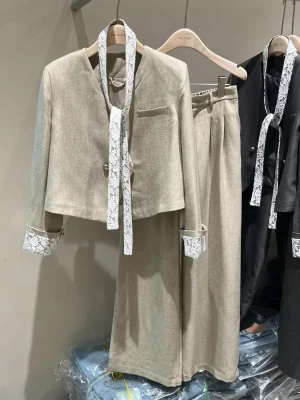 Korean Style Short Jacket and Pants Suit Set for Women