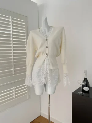 French Wool Knit Cardigan & Lace Blouse Set