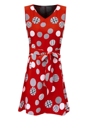 Summer Sleeveless V-Neck Polka Dot Mini Dress with Belt