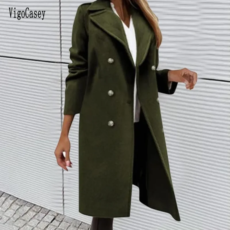 Autumn Winter Green Double Breasted Trench Coat - Image 2