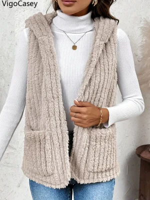 Women Khaki Hooded Plush Vest Warm Sleeveless Winter Waistcoat