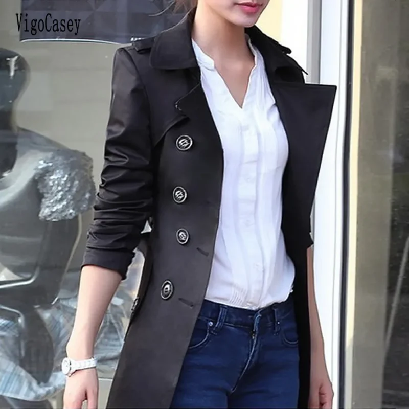 Winter Khaki Lace-Up Long Trench Coat Women - Image 5