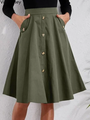 Women's High Waist Green Pleated Skirt with Pockets