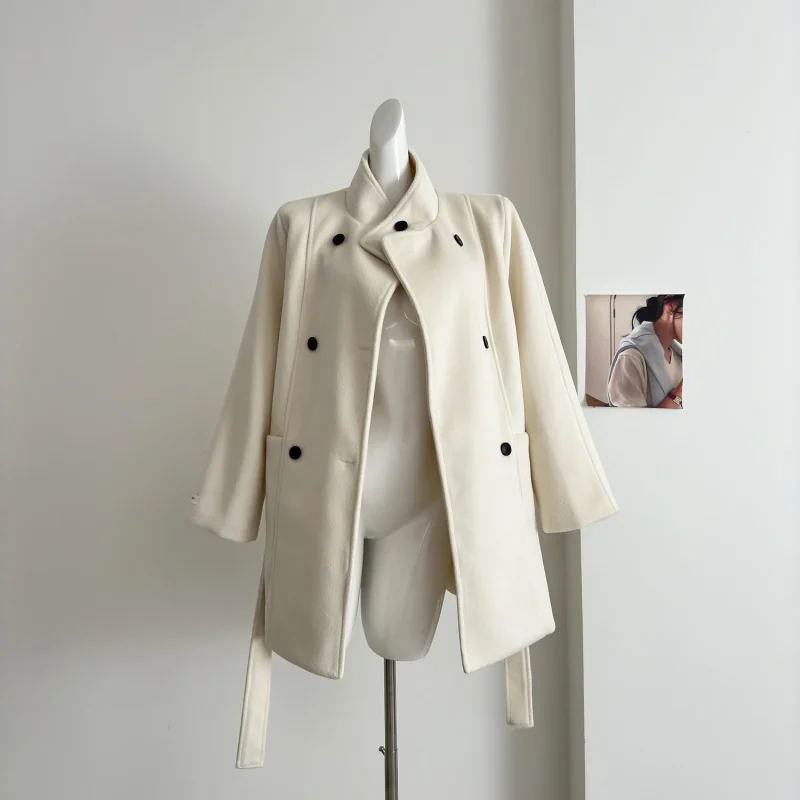 Korean Wool-Blend Lace-Up Coat - Image 2