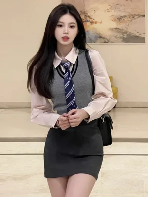 American College 4-Piece Set Women Shirt Vest Skirt