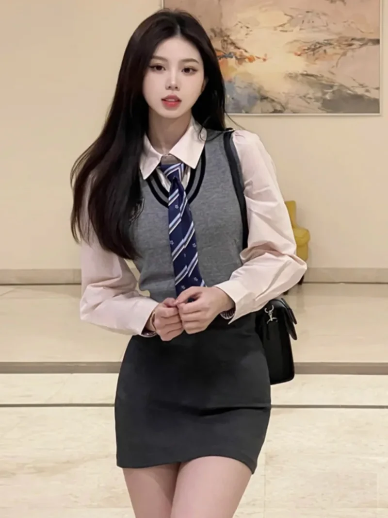 American College 4-Piece Set Women Shirt Vest Skirt