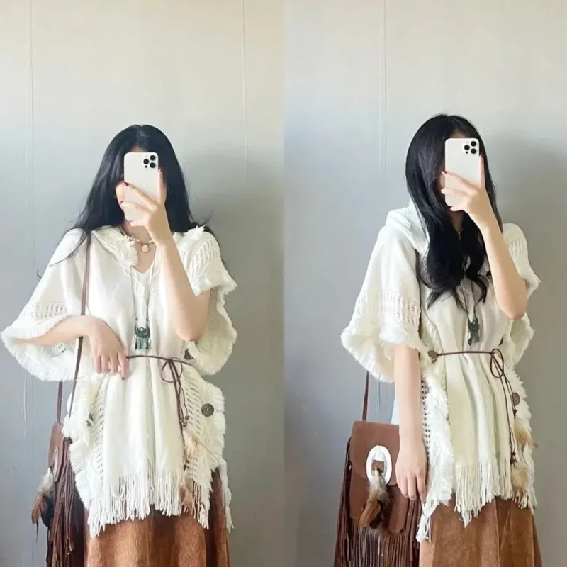 Cream Crochet Hooded Cape Shawl - Image 6
