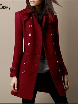 Elegant Burgundy Wool Blend Long Coat for Women