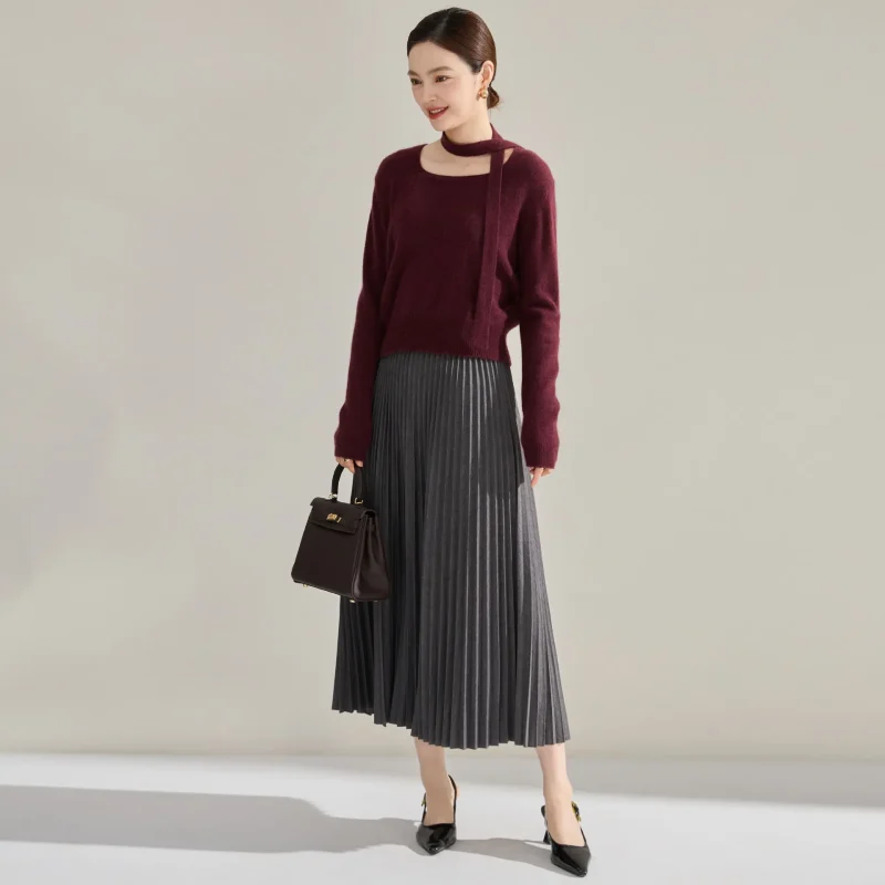 Women's 2025 High Waist Pleated Midi Skirt A-Line Office Wear - Image 2