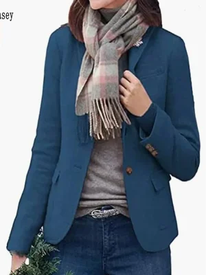 Autumn Winter Blue Wool Long Blazer Coat