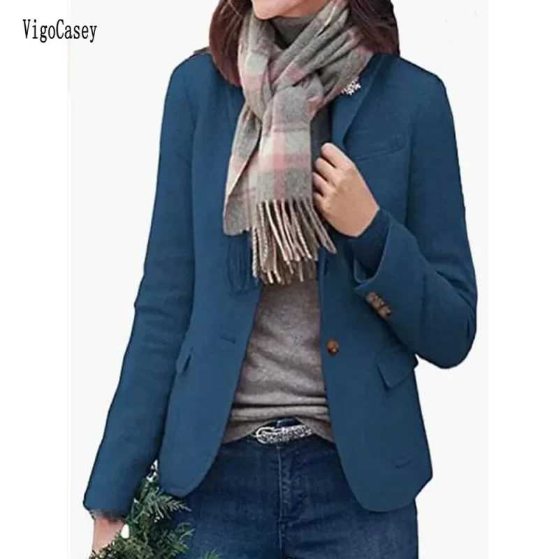 Autumn Winter Blue Wool Long Blazer Coat