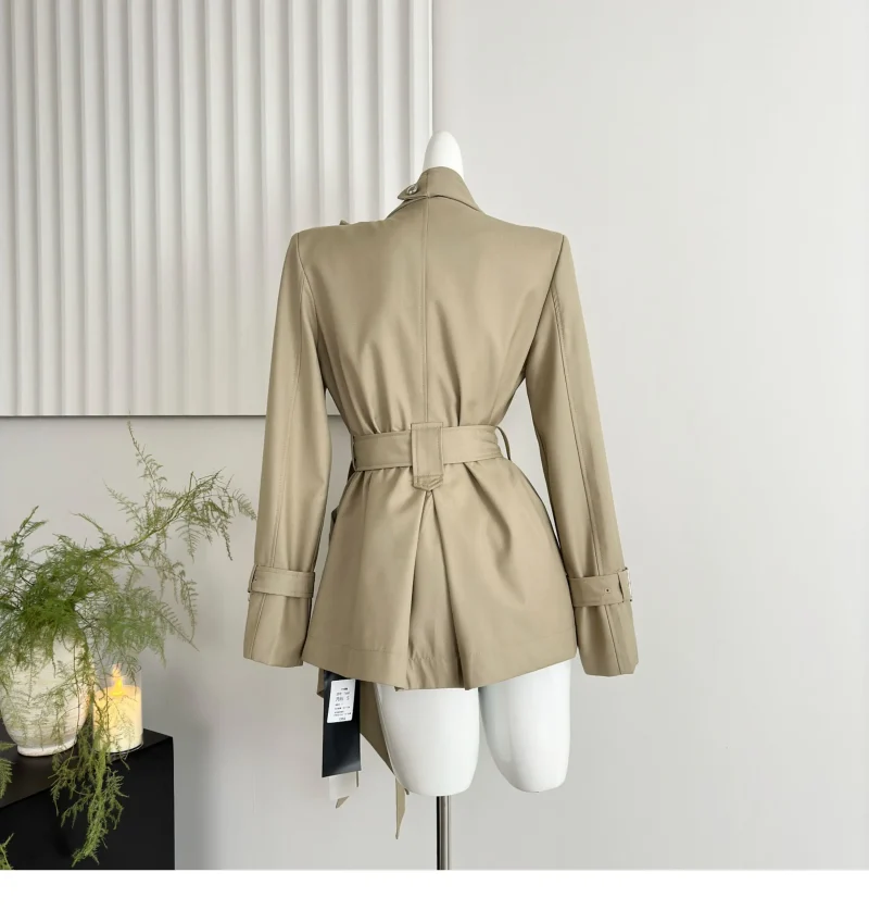 Women's Khaki Trench Coat Vintage Hepburn Style Belted Fall Jacket - Image 3