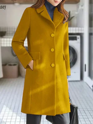 Autumn Winter Yellow Wool Long Blazer Coat