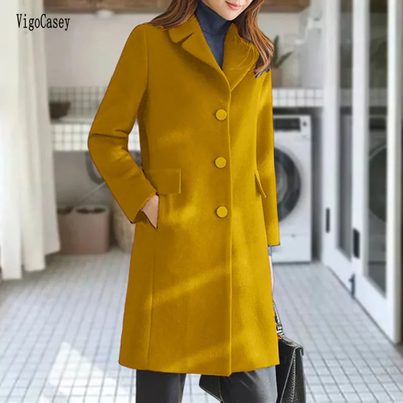 Autumn Winter Yellow Wool Long Blazer Coat