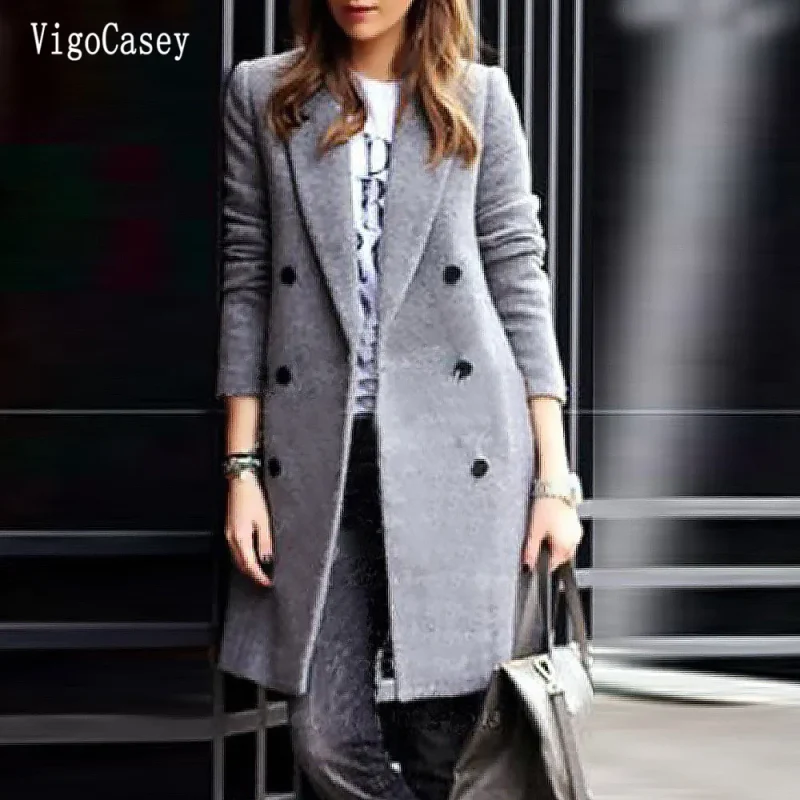 Autumn Winter Gray Double-Breasted Trench Coat for Women - Image 2