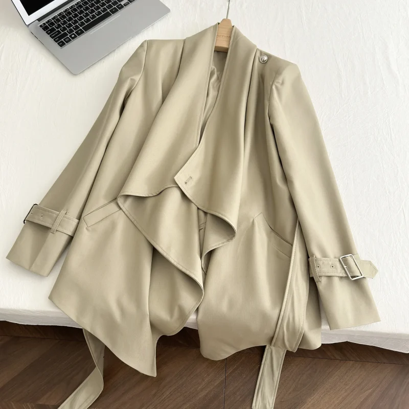 Women's Khaki Trench Coat Vintage Hepburn Style Belted Fall Jacket - Image 2