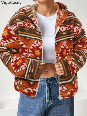Casual White Print Plush Zipper Jacket for Women