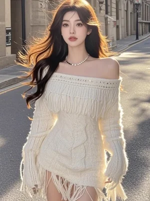 Elegant Fringe Knit Short Dress