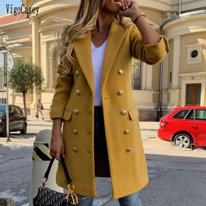 Autumn Winter Yellow Double Breasted Trench Coat