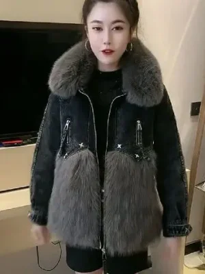Winter Women's Denim Parka Coat Plus Size Faux Fur Lined Jacket