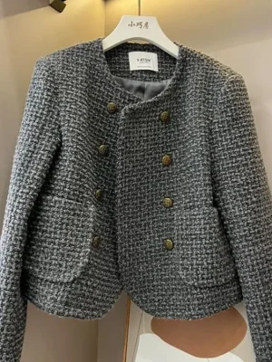 Gray Tweed Cropped Blazer Women’s Autumn Top