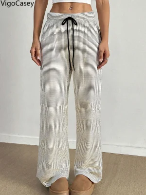 Women Black White Striped Wide Leg Pants