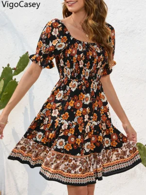 Summer Puff Sleeve Square Neck Print Mini Dress for Women