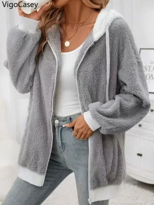 Women's Hooded Plush Patchwork Jacket