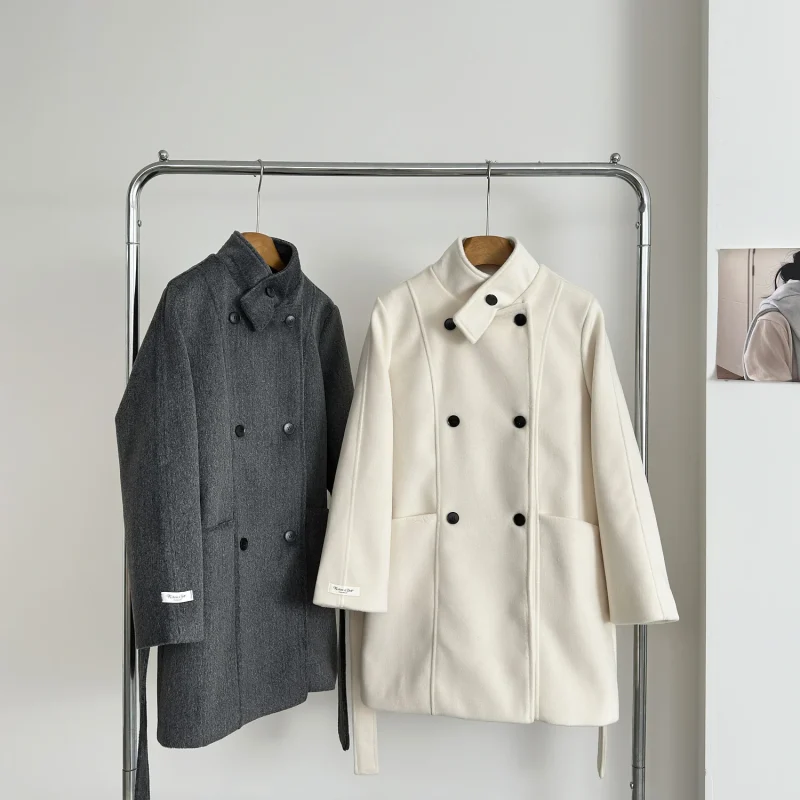 Korean Wool-Blend Lace-Up Coat - Image 3