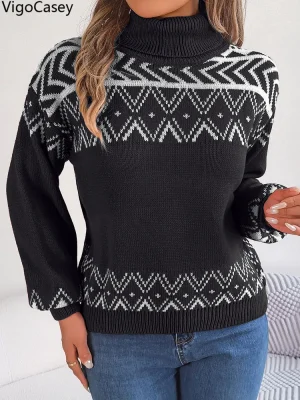Women High Neck Print Knit Long Sleeve Winter Sweater