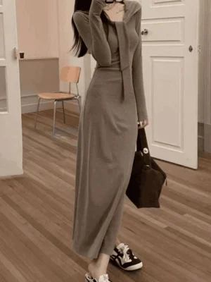 Knit Fake-Two-Piece Shawl Sweater Dress