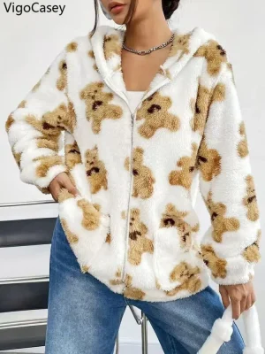 Women's Hooded Plush Print Jacket