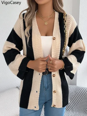 Solid Patchwork Knit Cardigan Women Winter