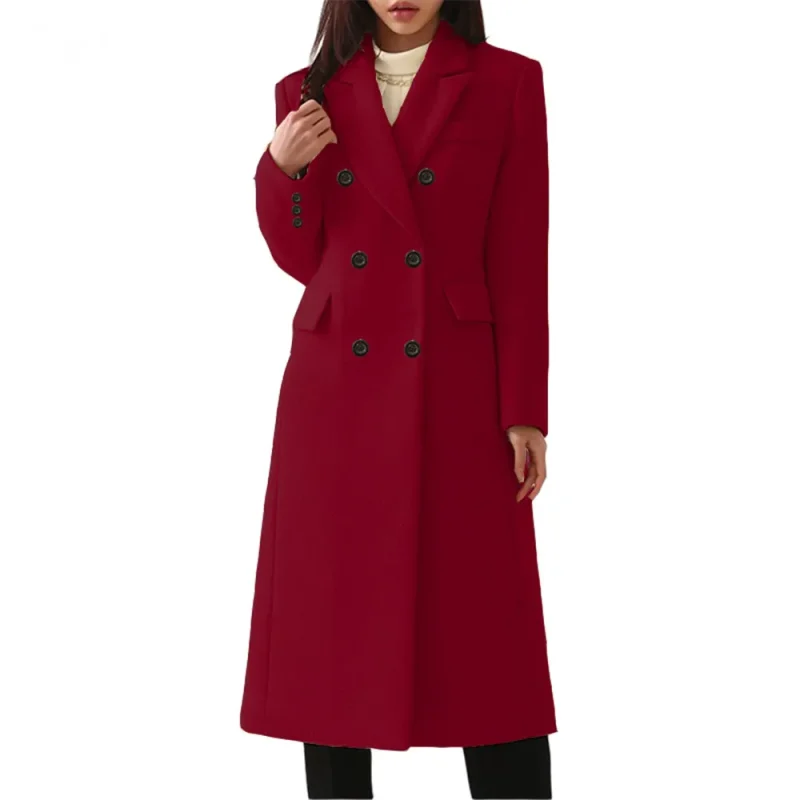 Elegant Burgundy Wool Blend Long Blazer Coat for Women